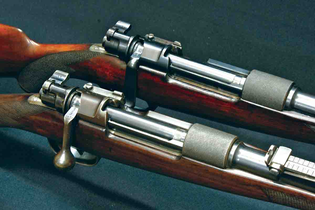 These military Mauser 98s were extensively customized and turned into civilian sporting rifles, probably in the 1920s. Cherry-picking actions for such custom rifles has reduced the number of original, collectible rifles and has driven prices up for the remaining ones.